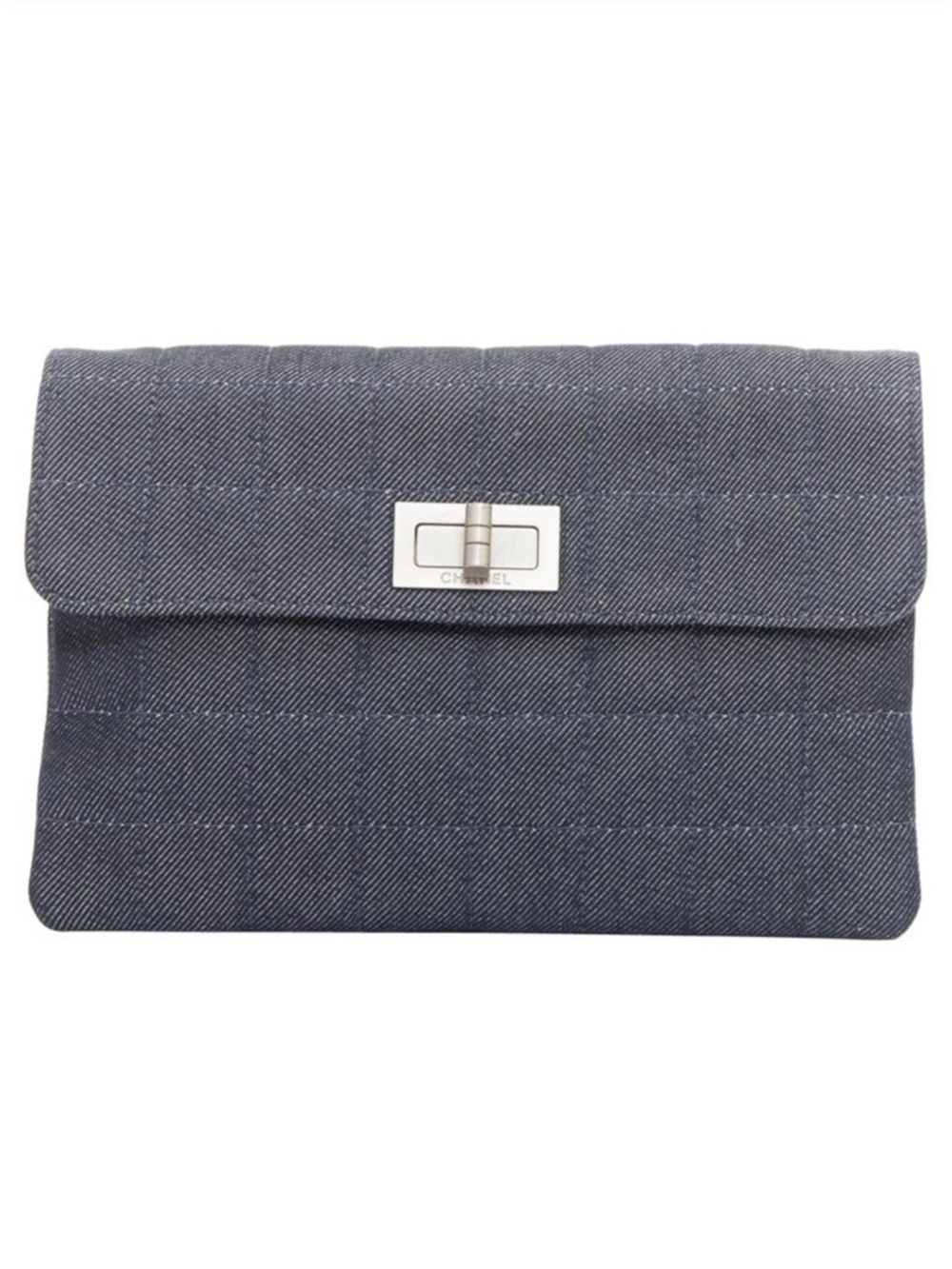 CHANEL Mademoiselle Denim Quilted Clutch Bag Navy Silver Turnlock Auth - Picture 3 of 16